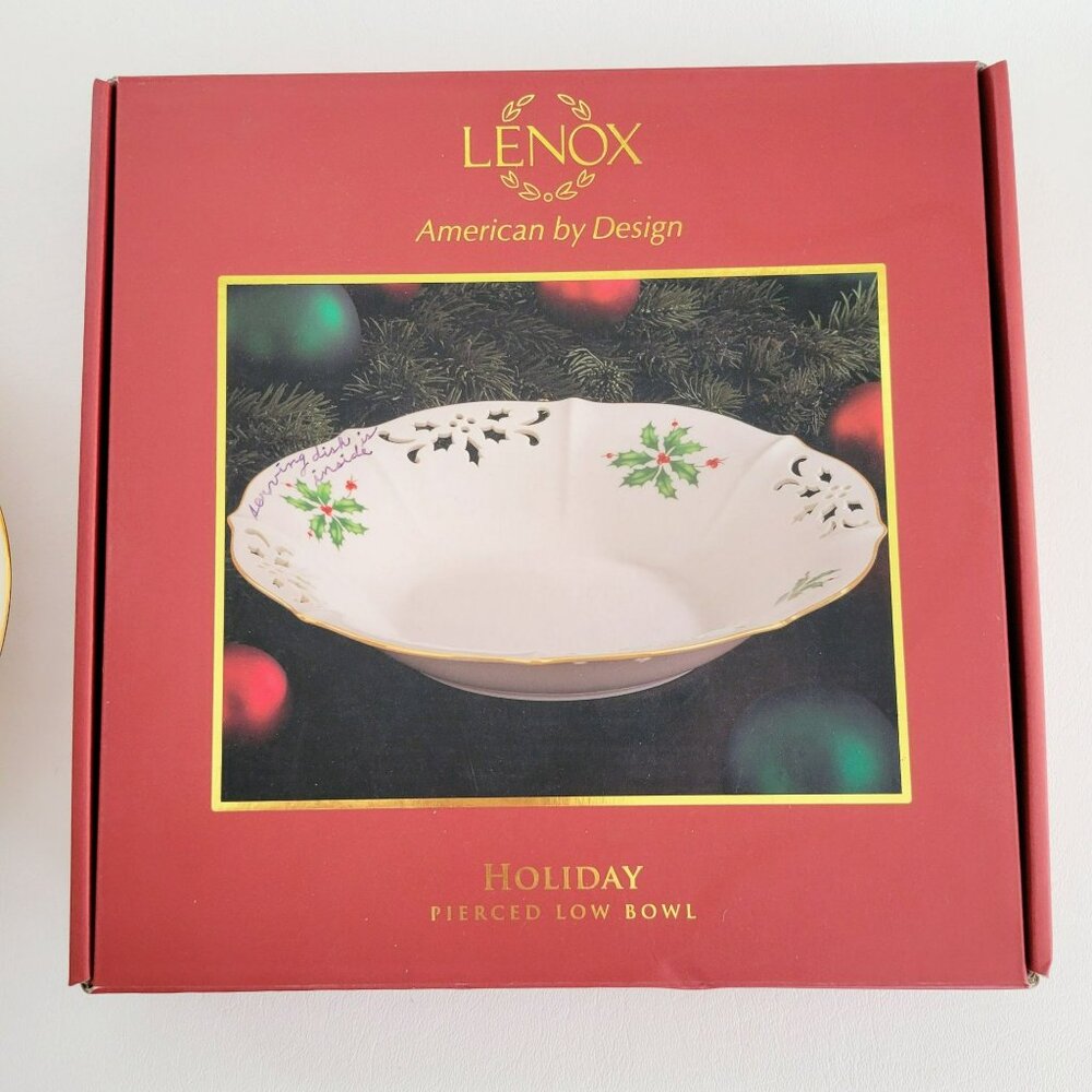 Lenox Holiday Pierced Low Bowl, Gold Trim Christmas Holly Design, Festive Dining - Picture 4 of 12